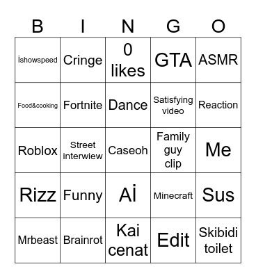 YT SHORTS BİNGO Bingo Card