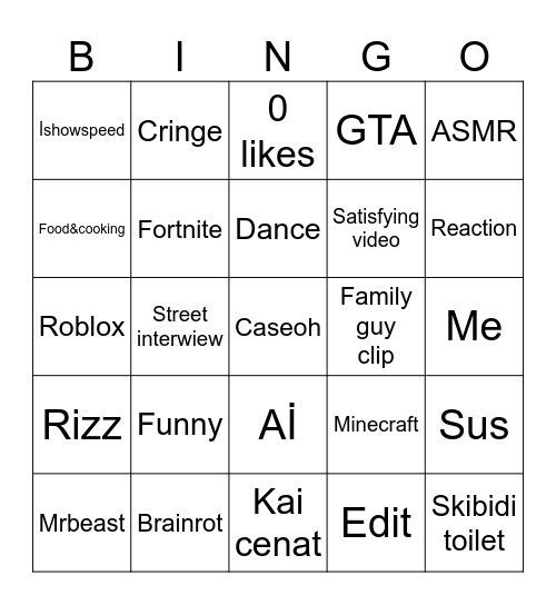 YT SHORTS BİNGO Bingo Card