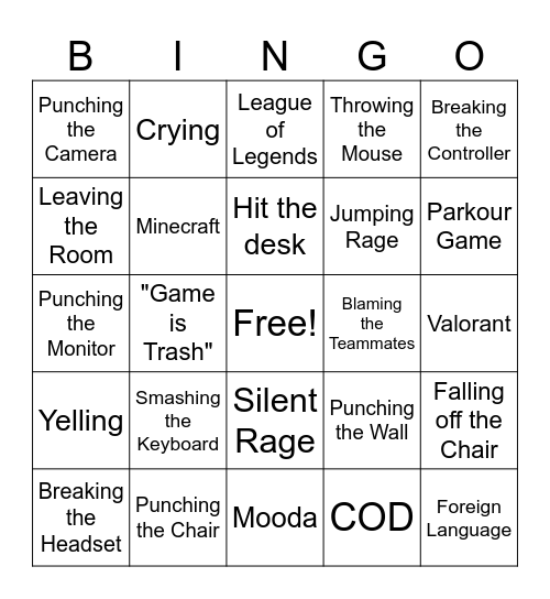 Rage Time 101 Bingo Card