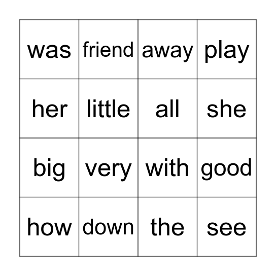 Sight Word Bingo Card