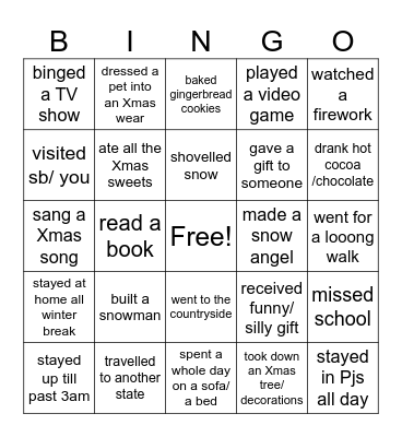 winter break activities (teens 2025) Bingo Card