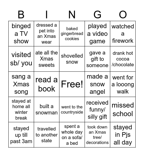 winter break activities (teens 2025) Bingo Card