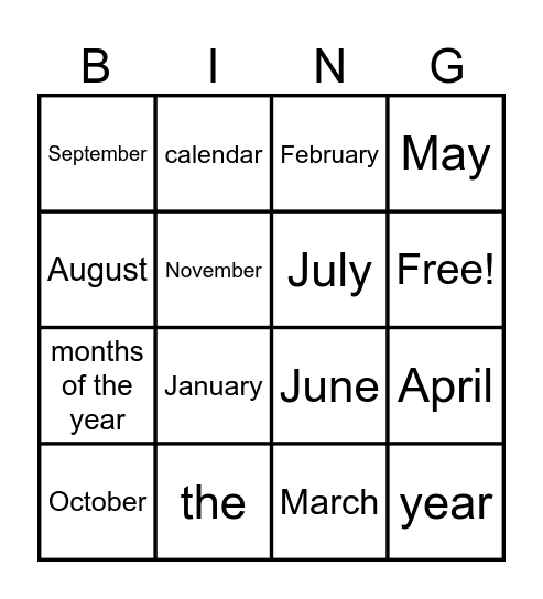 Months of the Year Bingo Card