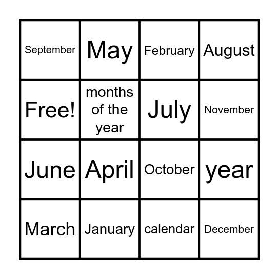 Months of the Year Bingo Card