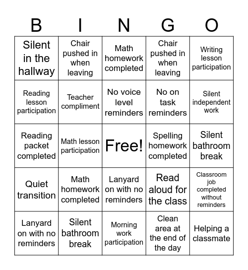 Behavior BINGO Card