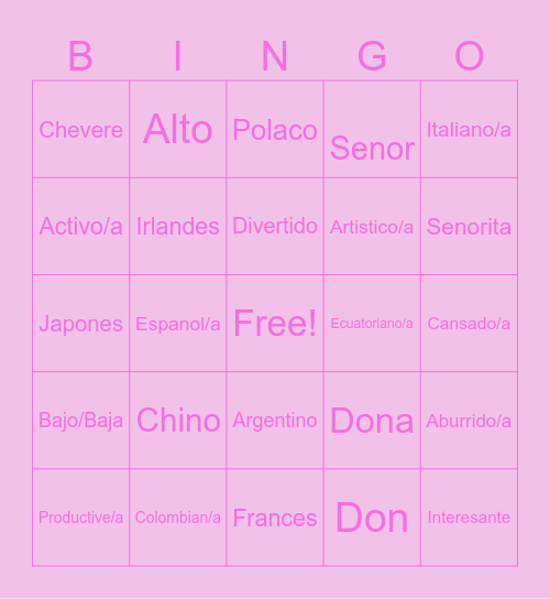 Personal Identify adjectives and Nationalitles Bingo Card