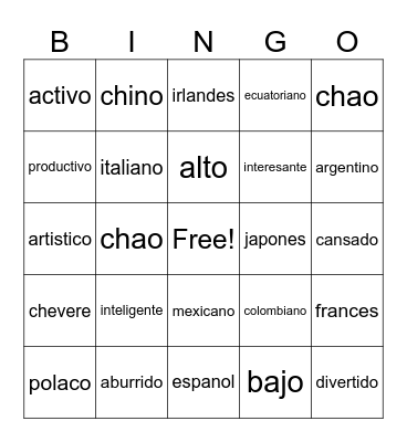 Personal identify adjectives and nationalities Bingo Card