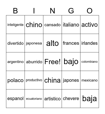 personal identity adjective and nationalities Bingo Card