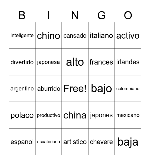 personal identity adjective and nationalities Bingo Card