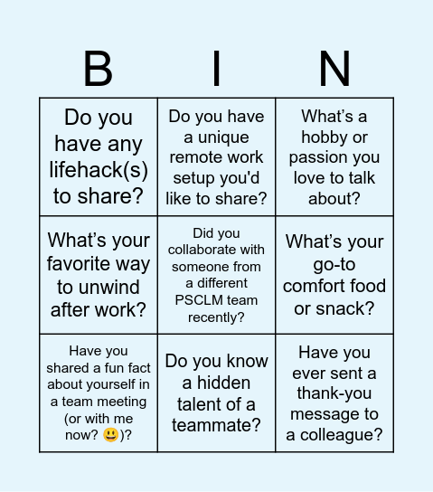 PSCLM Team Bonding Bingo Card