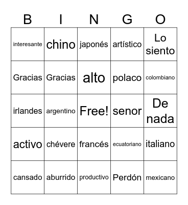 personal identity adjectives & nationalities Bingo Card