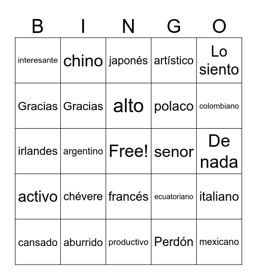 personal identity adjectives & nationalities Bingo Card