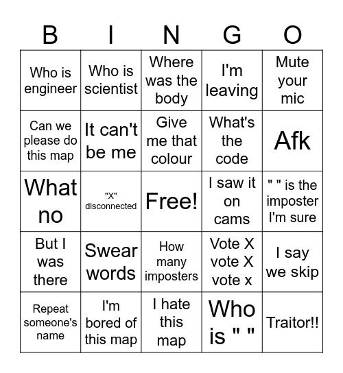 Among us Bingo Card
