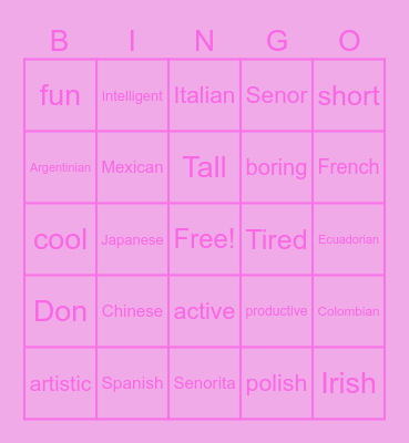 Personal Adjectives & Nationalities Bingo Card