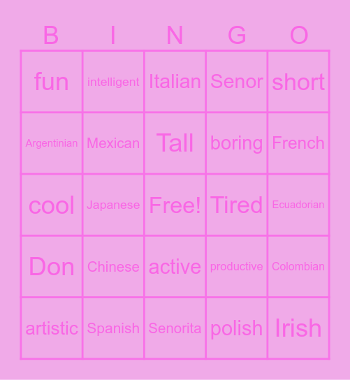 Personal Adjectives & Nationalities Bingo Card