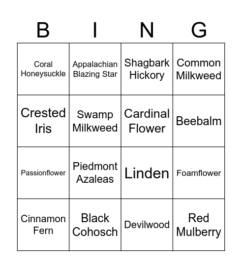 SC Native Plant ID Bingo Card