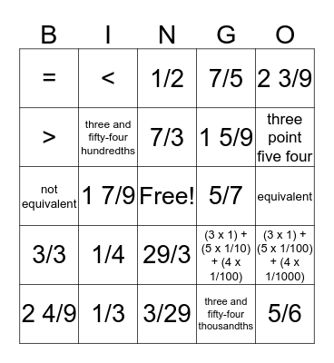 Fractions and Decimals Basics Bingo Card