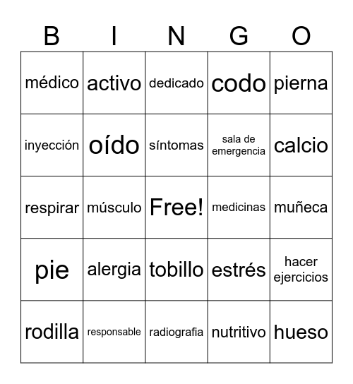 Unidad 3 - partes del cuerpo y cognados Bingo Card