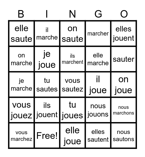 Les verbes -ER Bingo Card