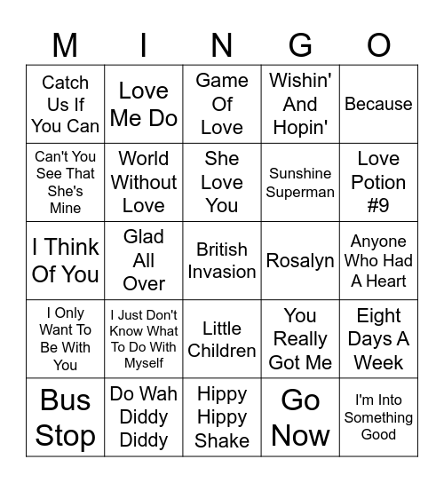 British Invasion Bingo Card