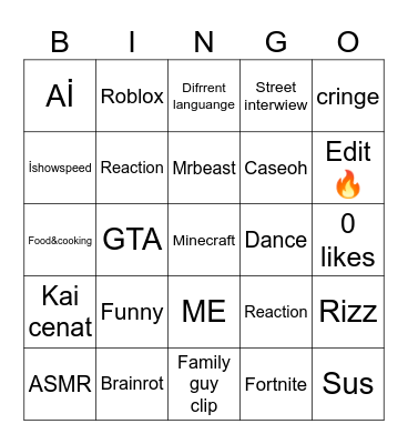 YT SHORTS BİNGO Bingo Card