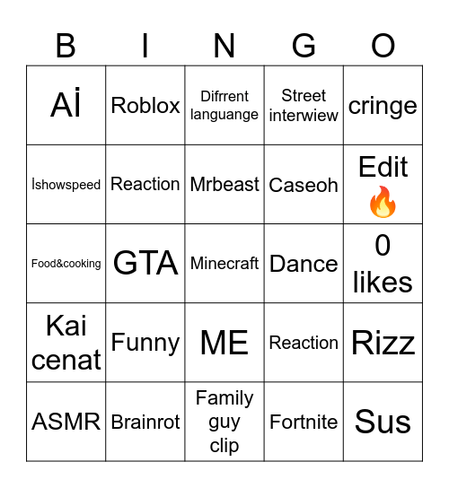 YT SHORTS BİNGO Bingo Card