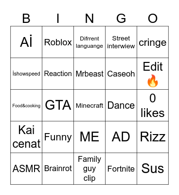 YT SHORTS BİNGO Bingo Card