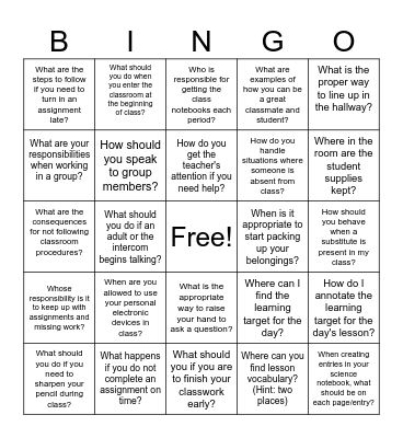 Mrs. Brown's Class Procedure Review Bingo Card