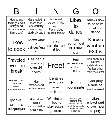 Welcome Week Bingo! Bingo Card