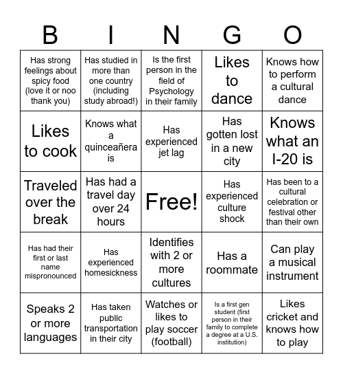 Welcome Week Bingo! Bingo Card