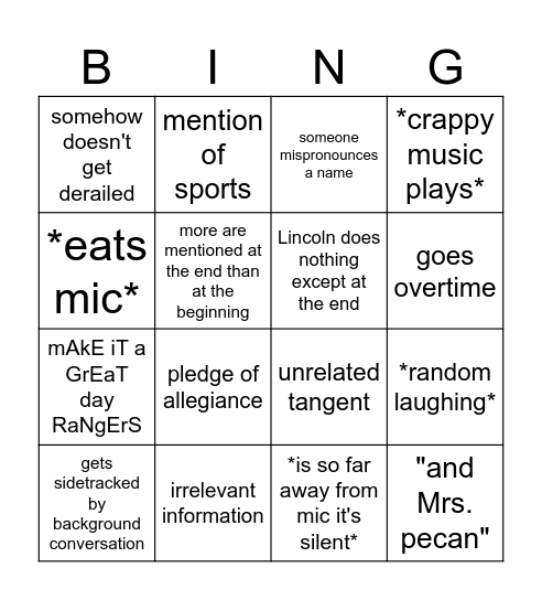 morning announcements Bingo Card