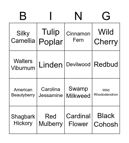 SC Native Plant ID Bingo Card
