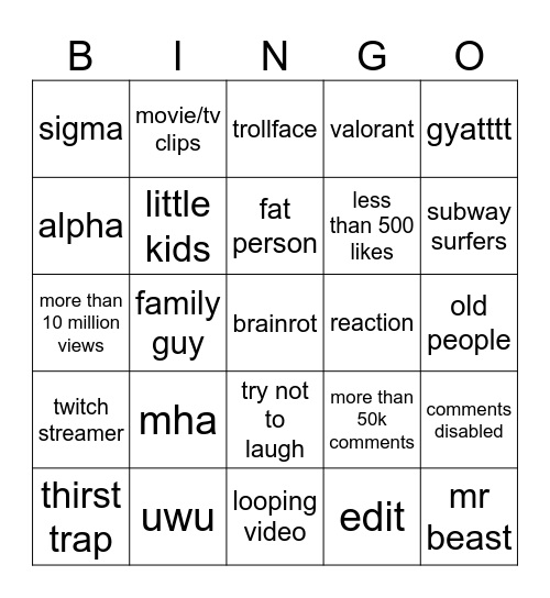 yt shorts bingo Card