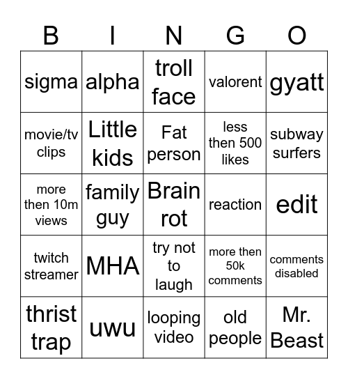 YT shorts bingo Card
