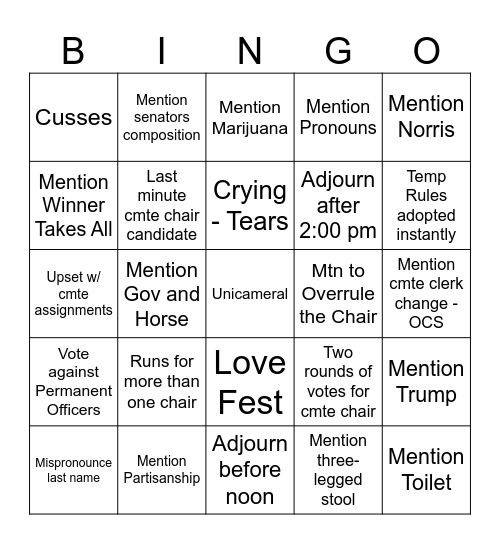 109th Legislature, Day 1 Bingo Card