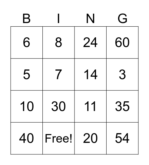 Positive Integer Bingo Card