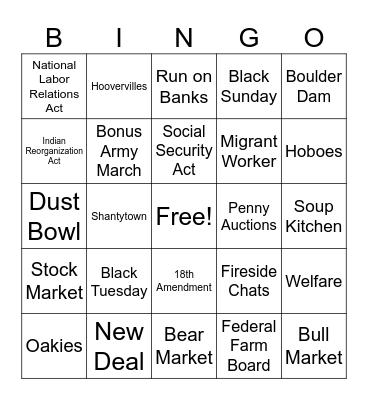 Unit 7 Bingo - The Great Depression & New Deal Bingo Card