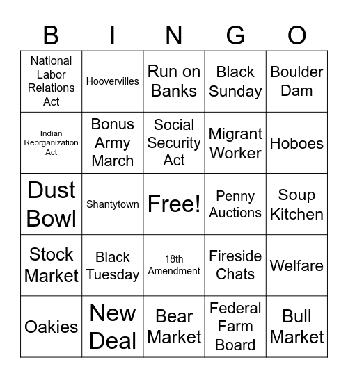 Unit 7 Bingo - The Great Depression & New Deal Bingo Card