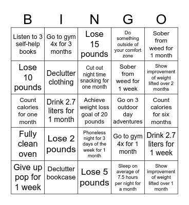 New Years Resolutions Bingo Card