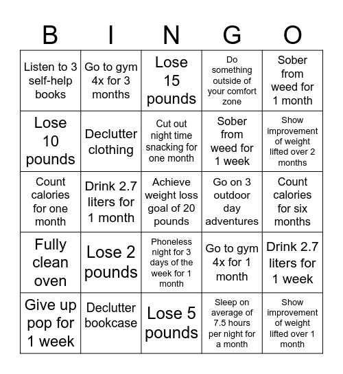 New Years Resolutions Bingo Card