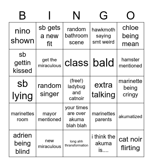 miraculous ladybug bingo Card