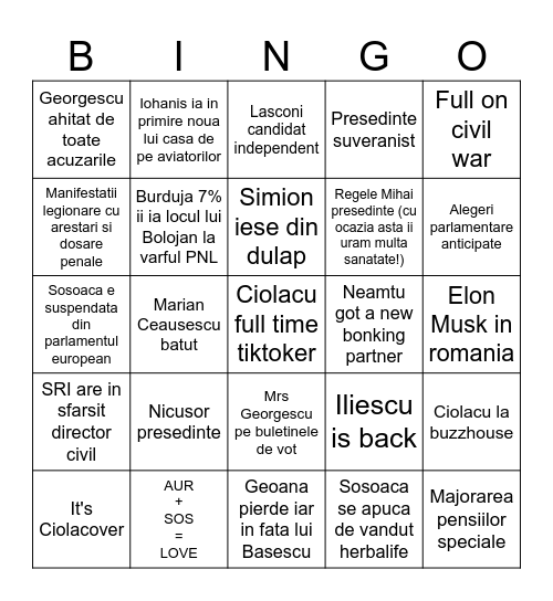 Kill me Bingo Card