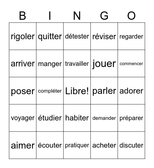 -er verbs Francais Bingo Card