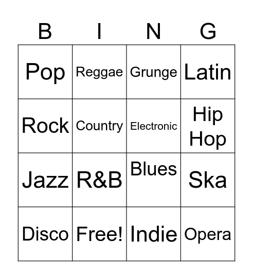 Music Genre Bingo Card