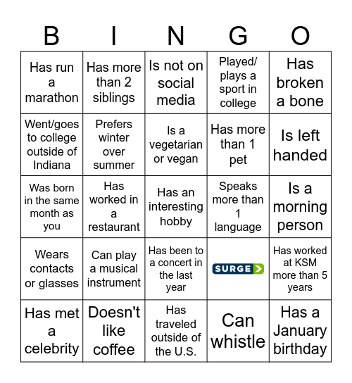 KSM SURGE Social Bingo Card