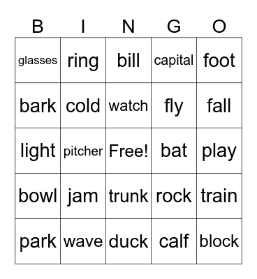 Multiple Meaning Bingo Card