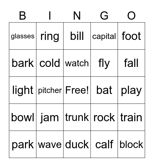 Multiple Meaning Bingo Card