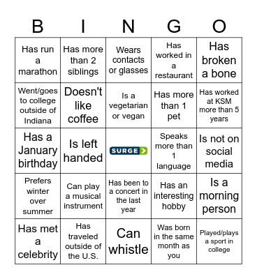 SURGE Social Bingo Card