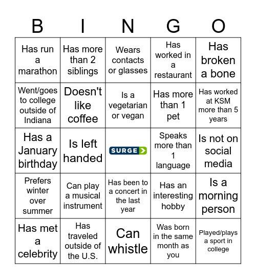 SURGE Social Bingo Card