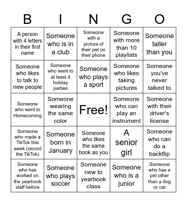 Yearbook Bingo Card